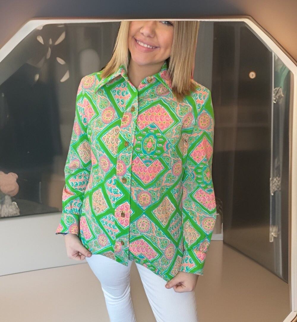 70s DA-RUE MOD PSYCHEDELIC GREEN/PINK DISCO TOP Blouse SZ M